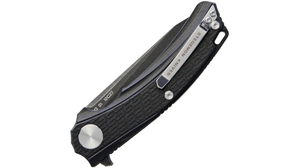 Stedemon BG01 Linerlock Folding Knife, 4.5in Closed, 3.5in Black Stonewash 12C27 Sandvik SS Drop Point, Black Textured G10 Handle, Pocket Clip, Black, BG0105