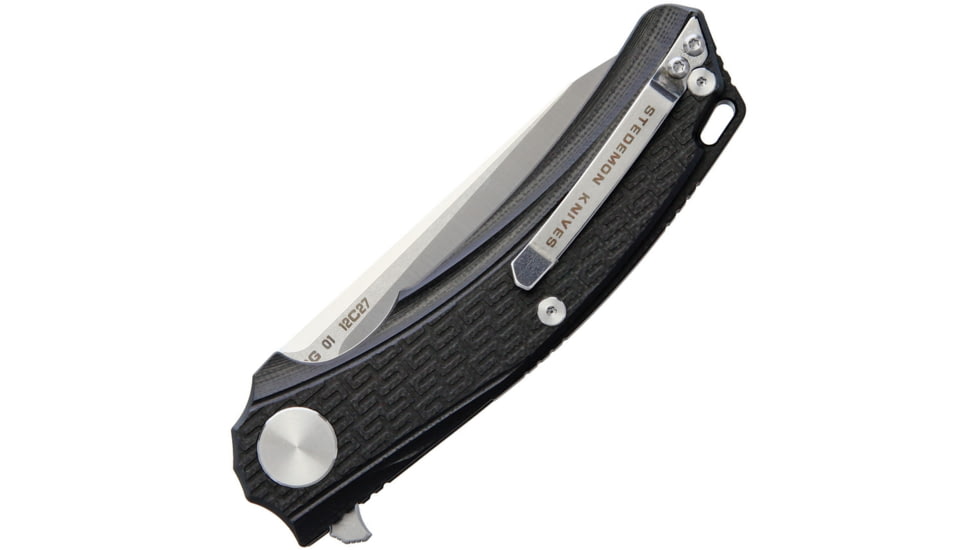 Stedemon BG01 Linerlock Folding Knife, 4.5in Closed, 3.5in Satin 12C27 Sandvik SS Drop Point, Black Textured G10 Handle, Pocket Clip, Black, BG0101