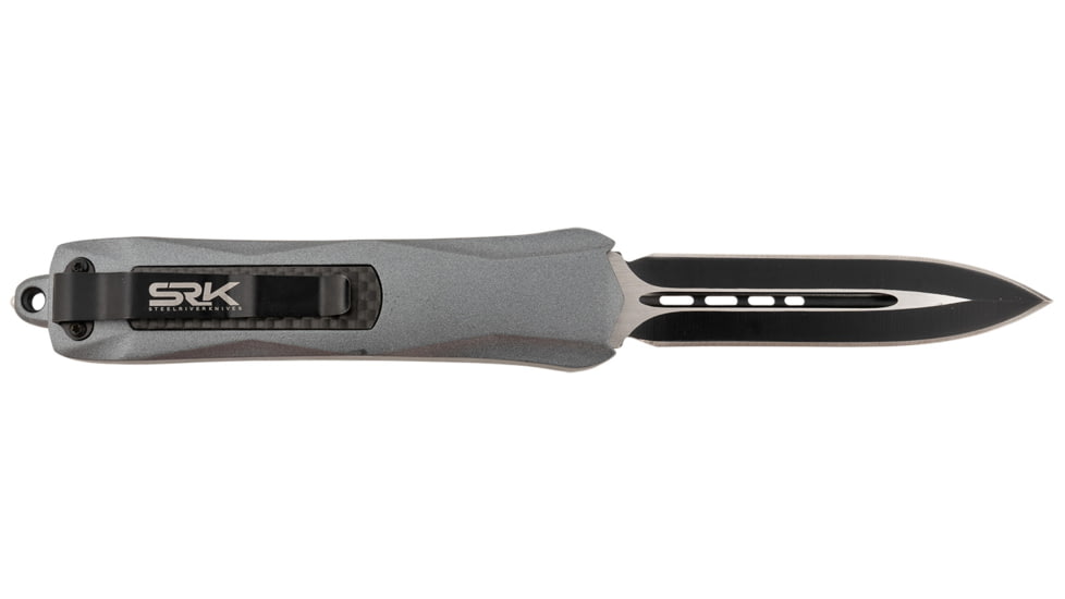 Steel River Knives Spartan OTF Automatic Folding Knife, 3.50, 440C SS, Dagger Plain Blade, Black/Silver, Gray w/ Carbon Fiber Inlay Handle, A163GD