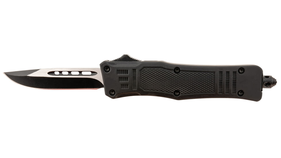 Steel River Spartan Mini OTF Automatic Folding Knife, 2.75in, 440C SS, Drop Point Plain Blade, Black/Silve, Black Handle, MT616BDP