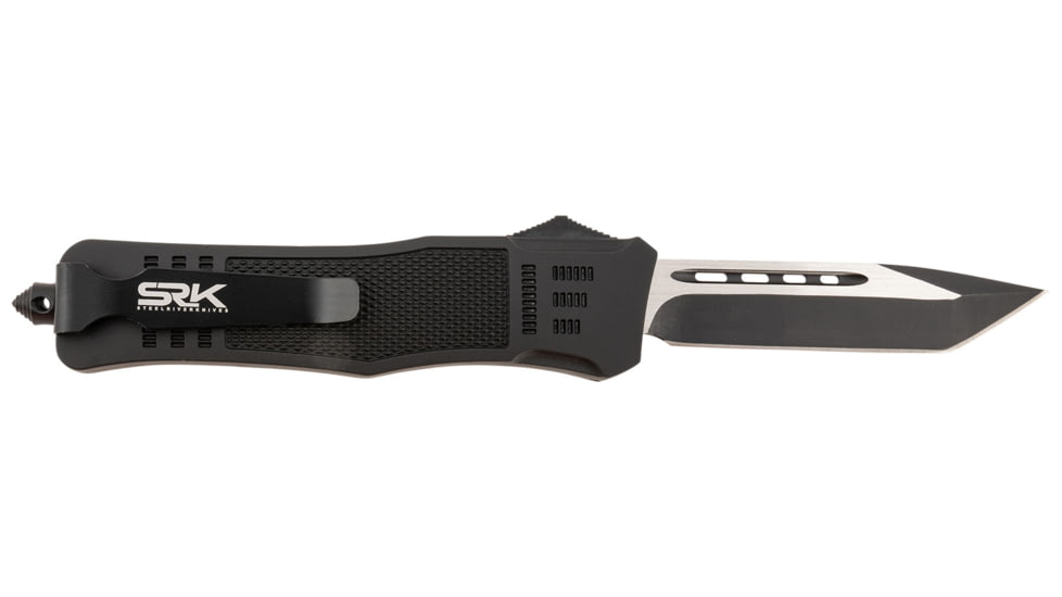 Steel River Knives Spartan Automatic Folding Knife, 3.75in, 440C SS, Tanto Blade, Black/Silver Blade, Black Aluminum Handle, T620BT