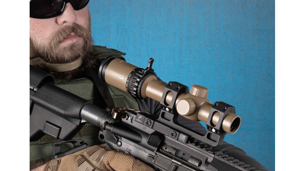 Steiner OPMOD P4Xi 1-4x24mm Tactical Illuminated Rifle Scope, 30mm Tube, Second Focal Plane P3TR Reticle, FDE, 5203