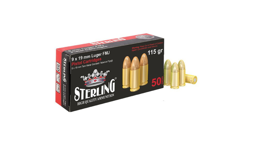 Sterling 9mm Luger 115 Grain Full Metal Jacket FMJ Brass Cased Pistol Ammo, 50 Rounds, 8698779955748