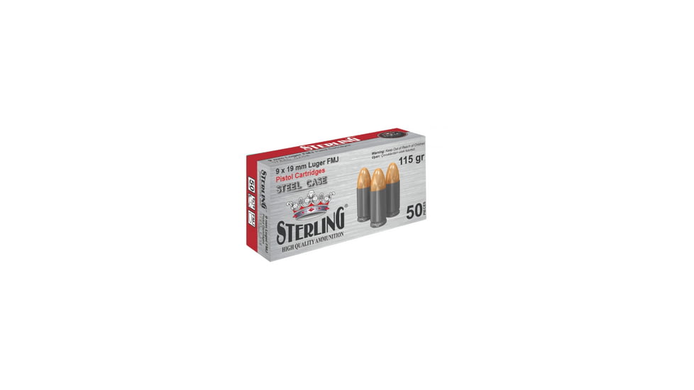 Sterling 9mm Luger 115 Grain Full Metal Jacket FMJ Steel Cased Pistol Ammo, 50 Rounds, 8698779957674