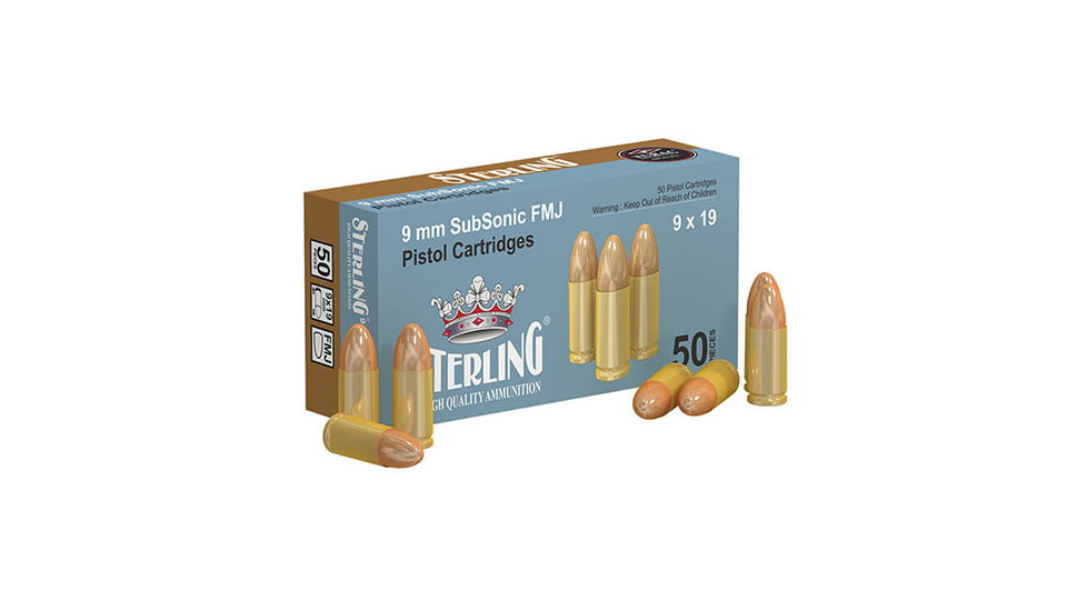 Sterling 9mm Luger 147 Grain Subsonic Full Metal Jacket FMJ Brass Cased Pistol Ammo, 50 Rounds, 8698779954345