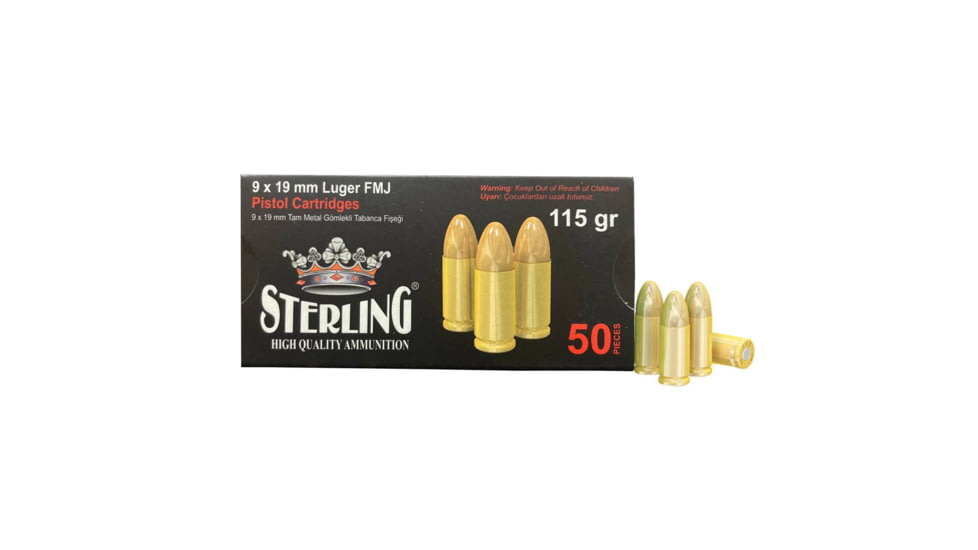 Sterling Brass Case 9mm Luger, 115 grain, Full Metal Jacket, 50 Rounds Pistol Ammo, SRL8698779955748