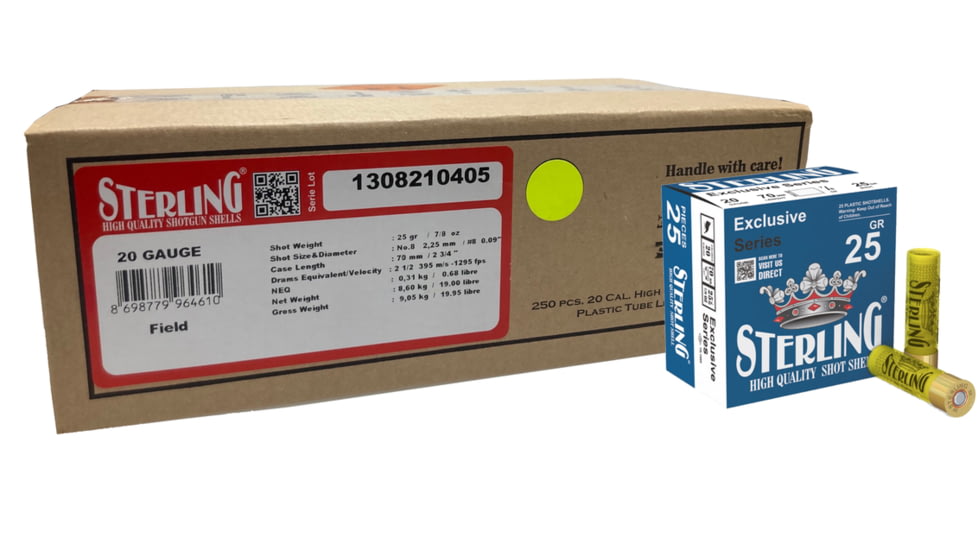 Sterling Exclusive Series 20 Gauge 25 Grain 2 3/4in #8 Flat Shotgun Slug Ammo, 250 Rounds, 8698779964610