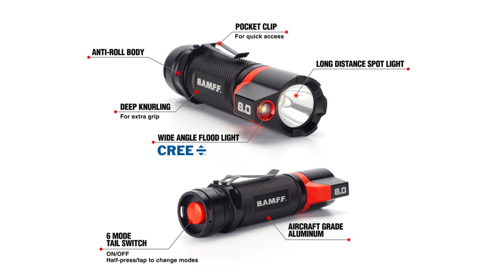 STKR Concepts BAMFF 8.0- 800 Lumens Rechargeable Dual LED Flashlight, Black/ Red, 00341