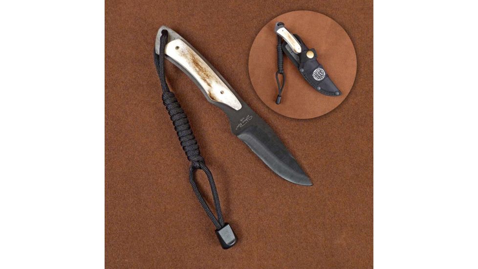 Stone River Gear Ceramic Hunting Knife,6.5in Black Zirconium Oxide Blade,Genuine Stag Handles and Nylon Sheath SRG65SCB
