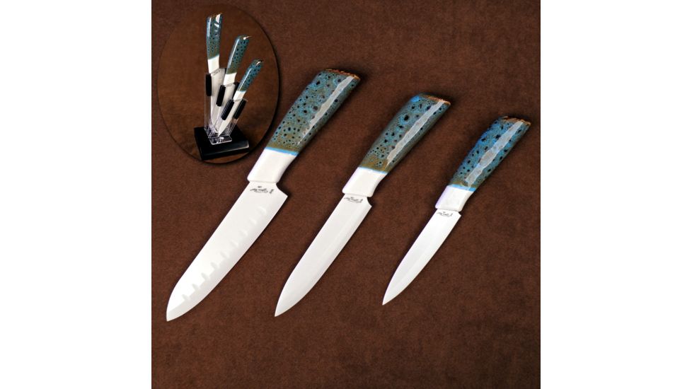 Ceramic Kitchen Cutlery Set w/6in Santoku, 5in Utility, 4in Parer and Holder, Gree/Blue/White, 6.0/5.0/4.0