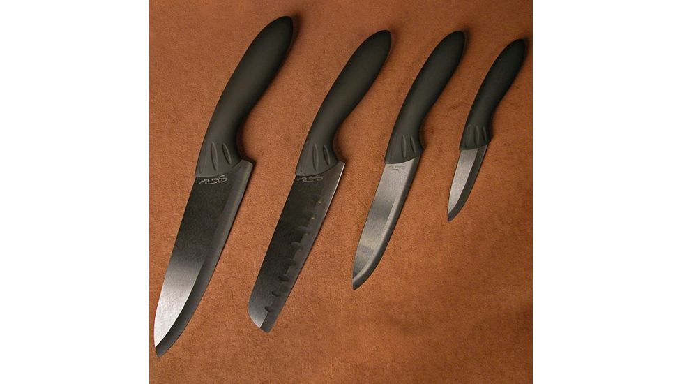Stone River Gear Ceramic Paring Utility Santoku Chef Knife with Acrylic Counter Top Holder, Black, 6.75, 6.0, 5.0, 3.0 SRG43CKBH