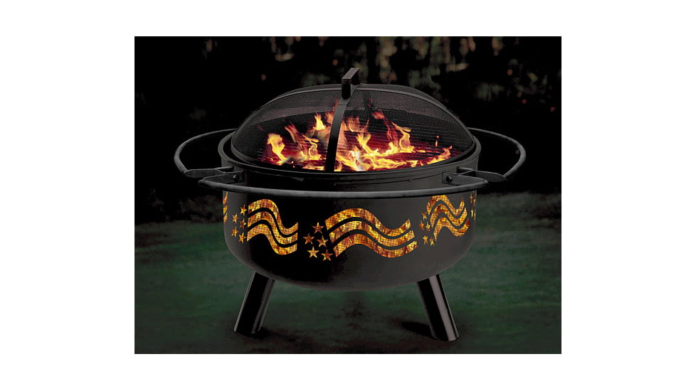 Stone River Gear Solid-Steel Fire Pit/Grill Combo, Spark Arrestor, Grill Lifter and Flag Themed cutout on Sidewalls, Black, SRG1FP/FLAG
