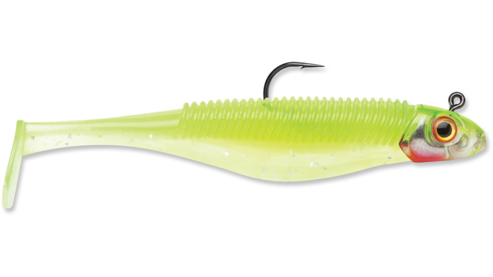 Storm 360GT Searchbait Shad, Sinking, 3-1/2", 1/4oz, #2/0 Hk, 1 Rigged Two Bodies, Chartreuse Ice, SBD35CI-14J