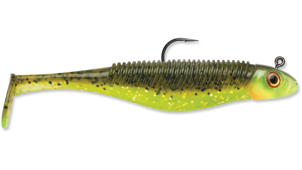 Storm 360GT Searchbait Shad, Sinking, 4-1/2", 3/8oz, #4/0 Hk, 1 Rigged Two Bodies, Hot Olive, SBD45HO-38J