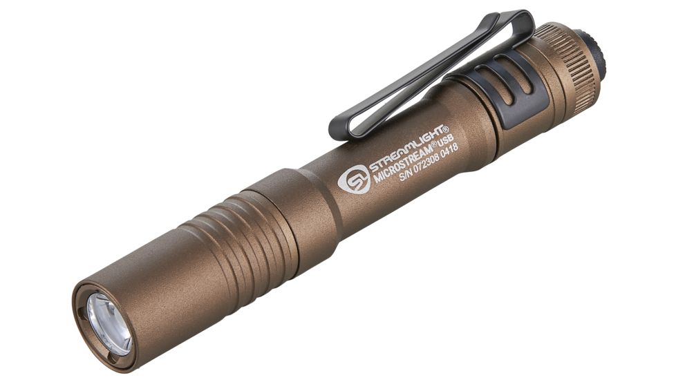 Streamlight MicroStream Ultra-Compact USB Rechargeable Personal Light, 250/50 Lumens w/ 5in USB Cord and Lanyard, Box, Coyote, 66609