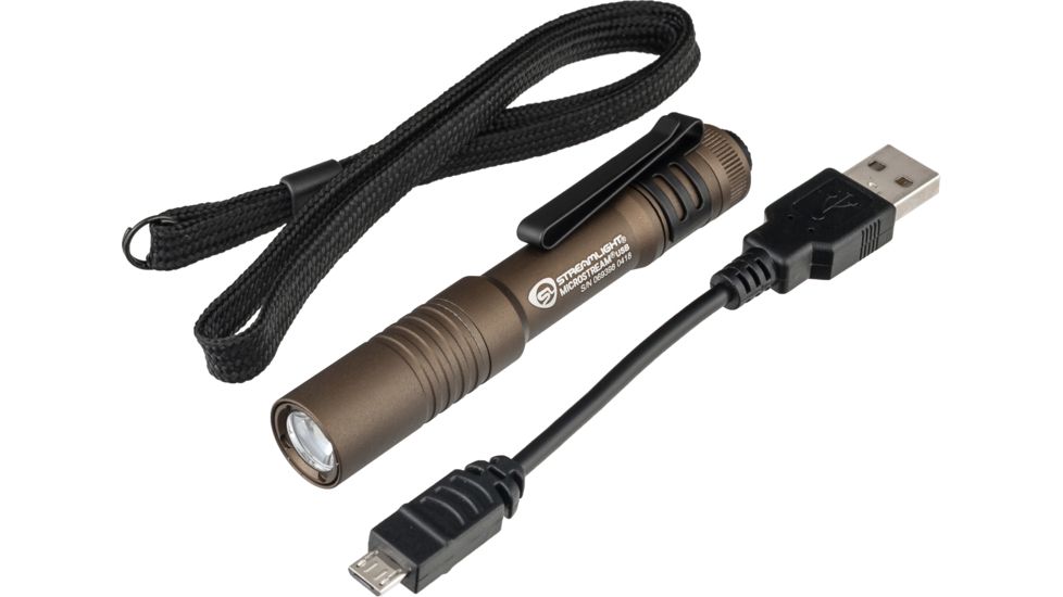 Streamlight MicroStream Ultra-Compact USB Rechargeable Personal Light, 250/50 Lumens w/ 5in USB Cord and Lanyard, Box, Coyote, 66609