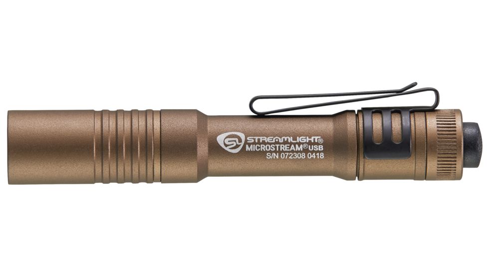 Streamlight MicroStream Ultra-Compact USB Rechargeable Personal Light, 250/50 Lumens w/ 5in USB Cord and Lanyard, Box, Coyote, 66609