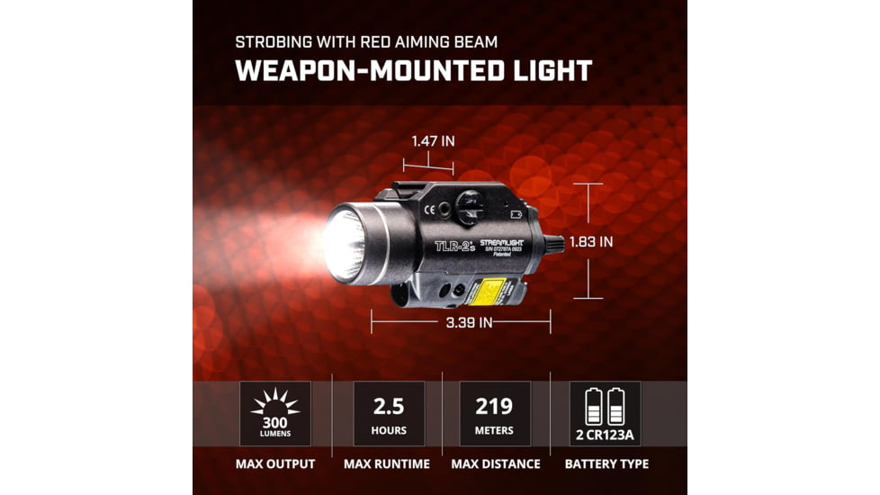 Streamlight TLR-2 S CR123A 300 Lumens LED Tactical Weapon Flashlight w/ Laser Sight, Strobe Function, Black, 69230