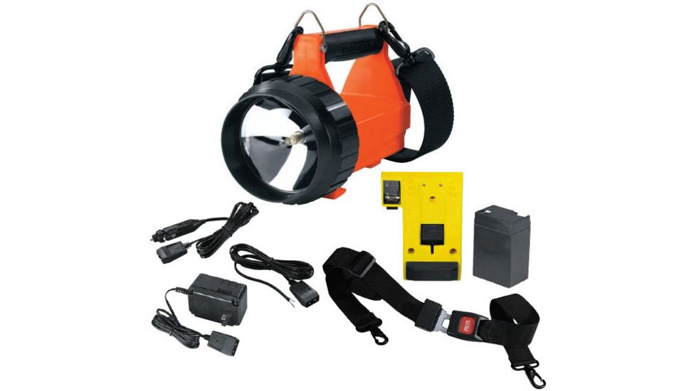 Streamlight Vulcan Orange Flashlight with vehicle and home chargers, charging rack, battery, DC vehicle charging wire, quick release shoulder strap 44501. Not shown: 8-Watt dual filament backup lamp assembly (included with 44520, 44521).
