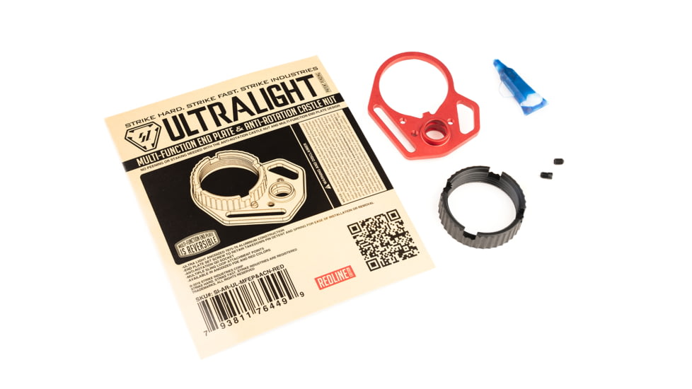 Strike Industries Ultralight Multi-Function Red End Plate w/ Anti-Rotation Castle Nut in Black, SI-AR-UL-MFEP&amp;ACN-RED