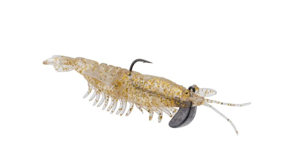 Strike King Tidal Shrimp Fishing Lure, Pre-rigged Soft Plastic Shrimp Bait, Durable Mesh Tail, 2/0 Single Hook, 3 1/2in, 1/4oz, Gold Rush, PRSSW3-519