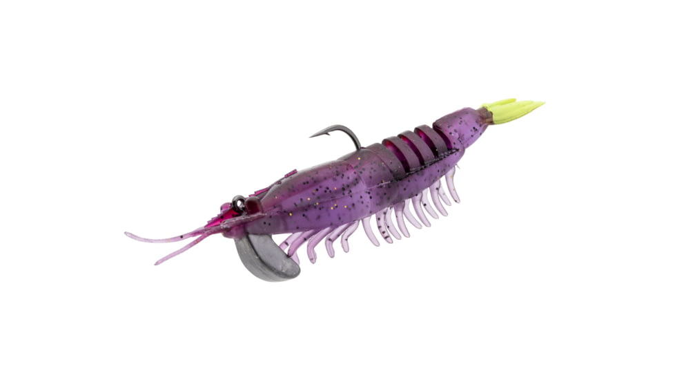 Strike King Tidal Shrimp Fishing Lure, Pre-rigged Soft Plastic Shrimp Bait, Durable Mesh Tail, 2/0 Single Hook, 3 1/2in, 1/4oz, Purple Firetiger, PRSSW3-516