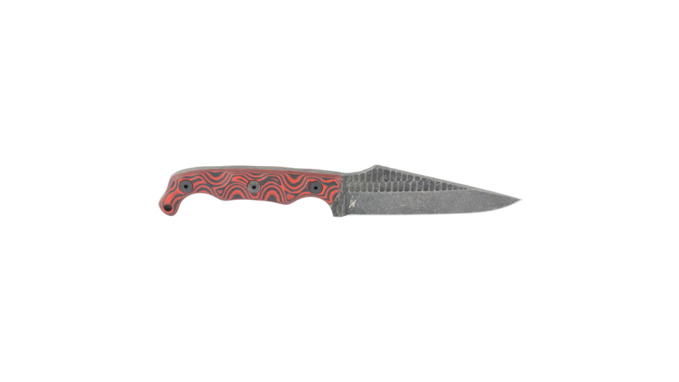 Stroup Knives TU2, Fixed Blade Knife, 4" Clip Point Blade, 1095 High Carbon Steel, 8.5" Overall Length, Acid Etched Finish, Black, Black and Red G10 Handle, Includes Sheath, TU2-R-B-G10