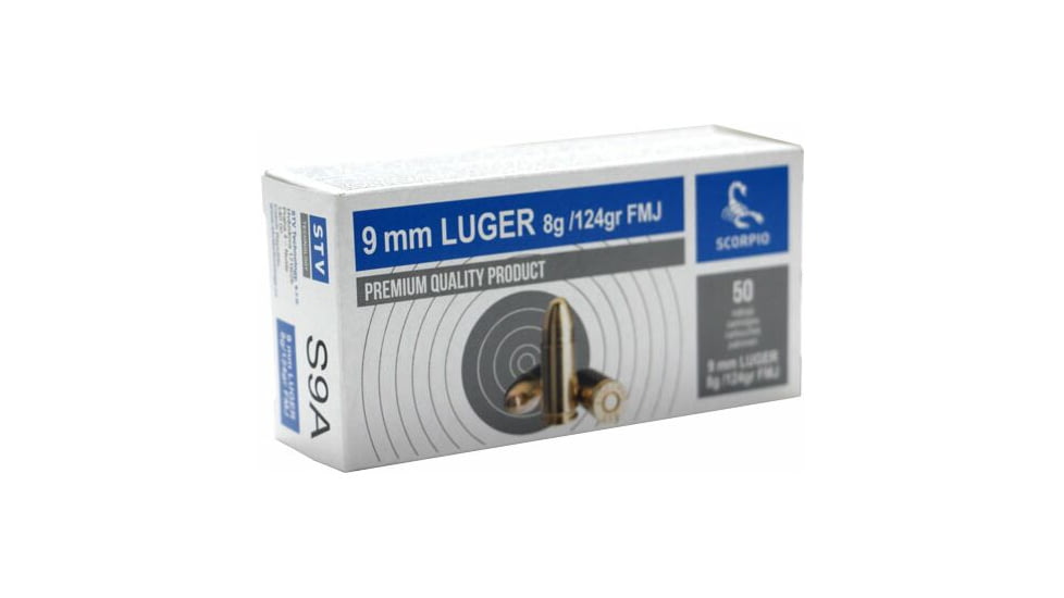 STV Scorpio, 9mm Luger, 124 grain, Full Metal Jacket, Brass, Centerfire Pistol Ammo, 50 Rounds, S9A