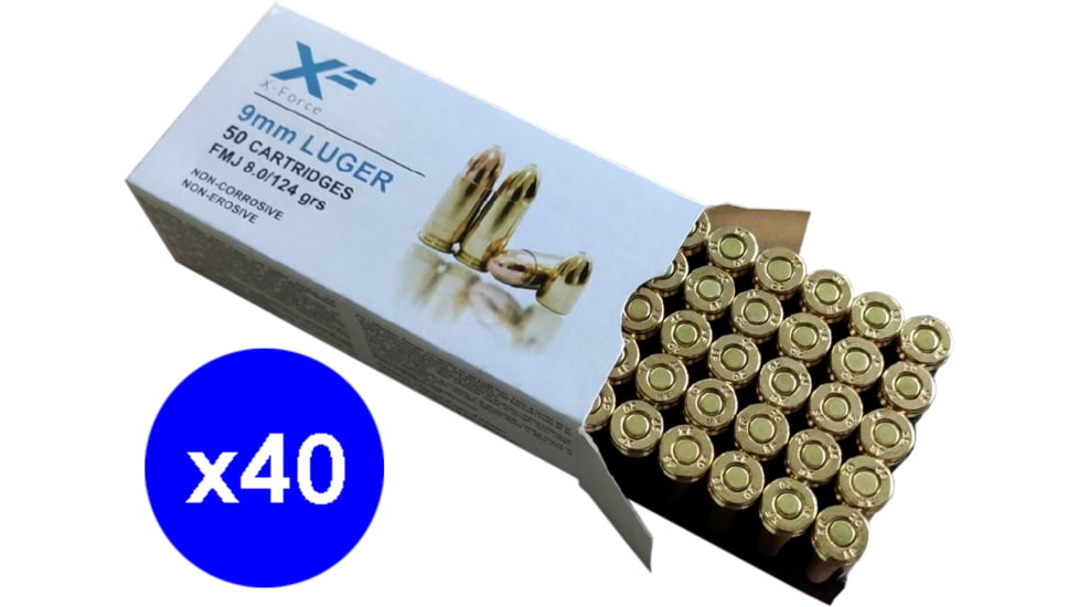 Sumbro X-Force 9mm Luger 124 grain Full Metal Jacket Brass Centerfire Pistol Ammo, 2000 Rounds