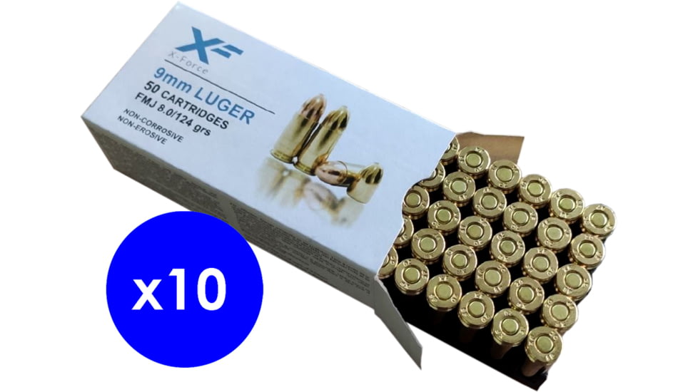 Sumbro X-Force, 9mm Luger, 124 grain, Full Metal Jacket, Brass, Centerfire Pistol Ammo, 500 Rounds, SM9115