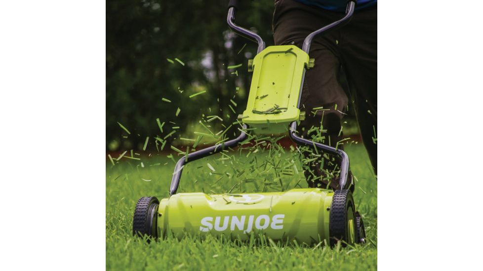 Sun Joe 18 inch Quad-Wheel, 5-Position, Razor Sharp Cutting Blade, Silent Push Reel Mower, Green MJ1800M