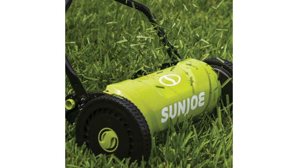 Sun Joe 18 inch Quad-Wheel, 5-Position, Razor Sharp Cutting Blade, Silent Push Reel Mower, Green MJ1800M