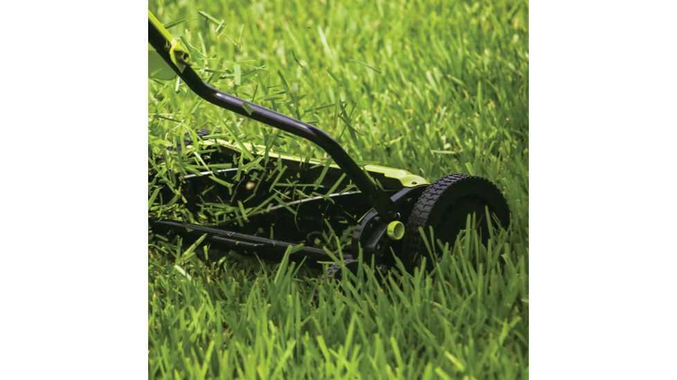 Sun Joe 18 inch Quad-Wheel, 5-Position, Razor Sharp Cutting Blade, Silent Push Reel Mower, Green MJ1800M