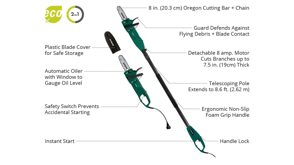 Sun Joe 2-in-1 Electric Convertible Pole Chain Saw - 8in, 8.0A, Hunter Green SWJ806E-HTG