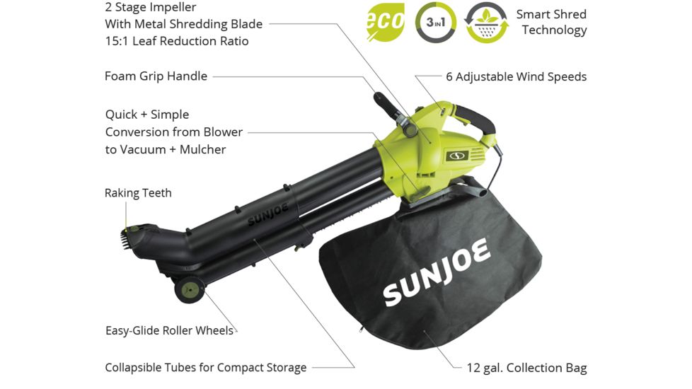 Sun Joe 3-in-1 Electric Blower - 250 MPH - 13 Amp - Vacuum Mulcher, Green SBJ702E