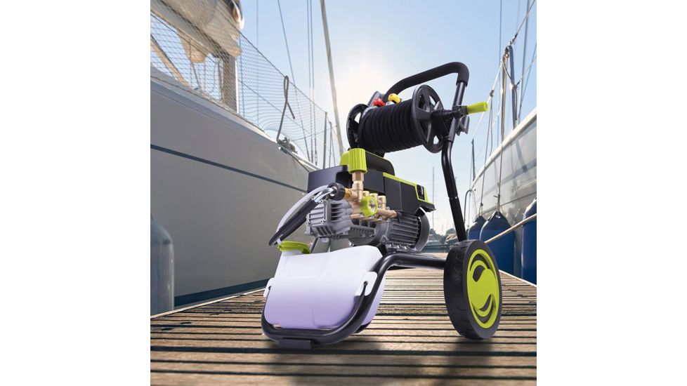 Sun Joe Cold Water Electric Direct Drive Crank Shaft Pressure Washer - 1300 PSI w/ Wall Mount, Roll Cage and Hose Reel, 2.15HP, 120V, Green SPX9006-PRO