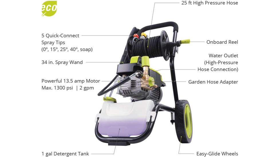 Sun Joe Cold Water Electric Direct Drive Crank Shaft Pressure Washer - 1300 PSI w/ Wall Mount, Roll Cage and Hose Reel, 2.15HP, 120V, Green SPX9006-PRO