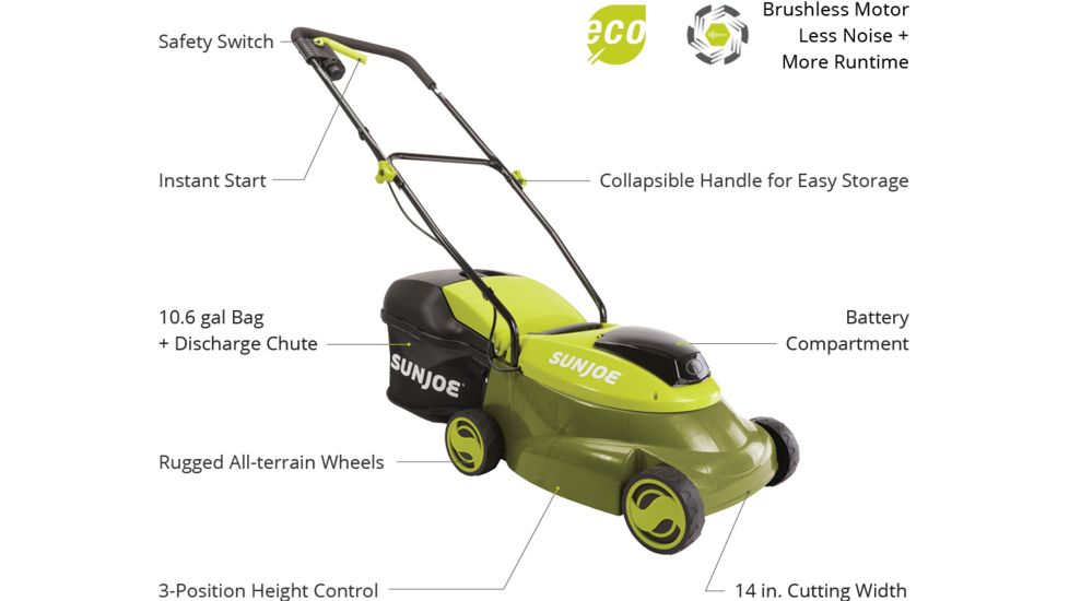 Sun Joe Cordless Lawn Mower with Brushless Motor - 5Ah, 14in, 24V, Green MJ24C-14-XR