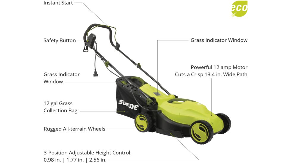 Sun Joe Electric Lawn Mower - 12A, 13in, Green MJ400E