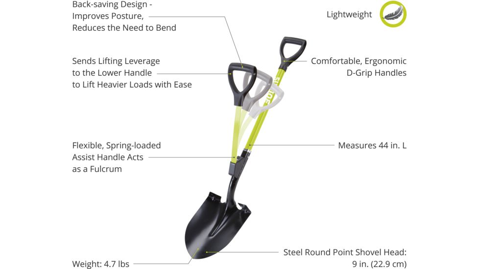 Sun Joe Shovelution Strain Reducing Utility Digging Shovel w/Spring Assist Handle - 44in, Round Point, D-Handle, Green SJ-SHLV06