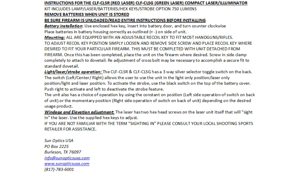 Sun Optics Compact Laser/Light, CR123A, White/Green Beam, Black, CLF-CLSG