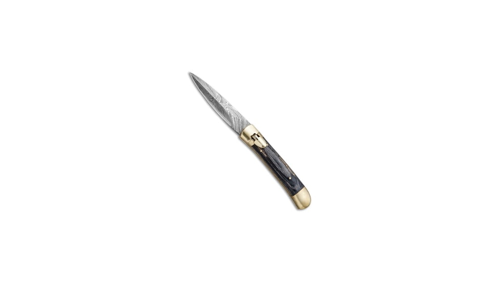 Super Knife 9 Leverlock Dagger Automatic Folding Knife, 3.875in, Damascus, Dagger Blade, Wood, Wood Handle, Blackwood, Wood/Black, 8.75 inch, BHQ-71507