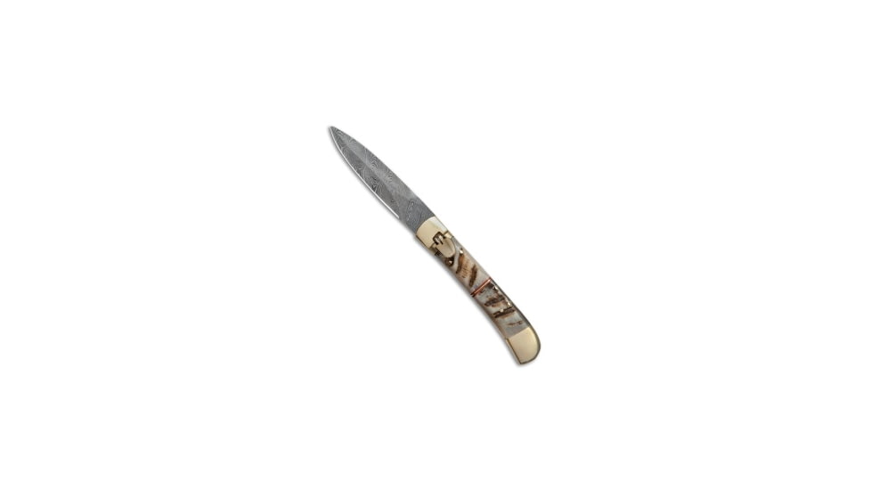 Super Knife 9 Leverlock Dagger Automatic Folding Knife, 4.00in, Damascus, Dagger Blade, Stag, Brown Handle, Brown/Black, 9.00 inch, BHQ-80253