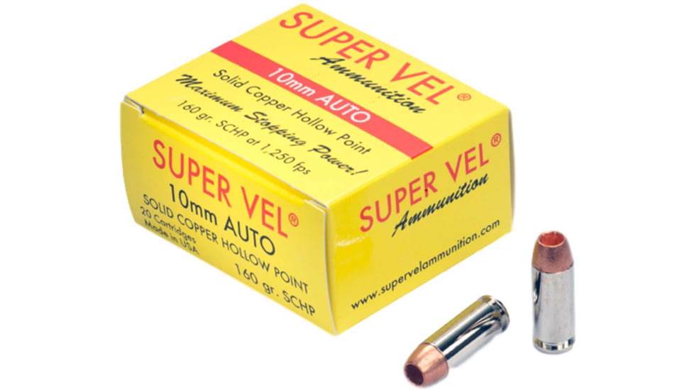 Super Vel Ammunition 10mm 160 grain Solid Copper Hollow Point Brass Cased Pistol Ammo, 20 Rounds, 1016020