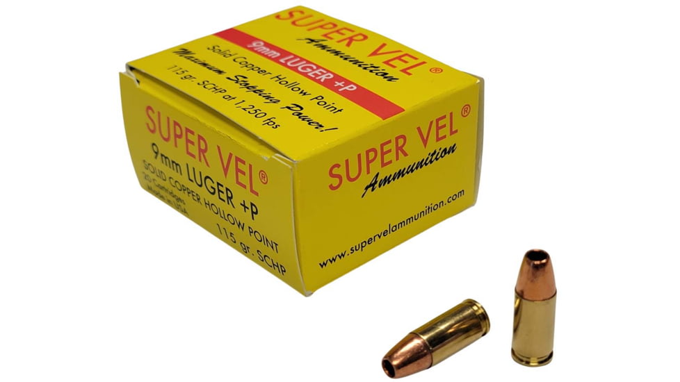 Super Vel Ammunition 1250 9mm Luger 115 grain Solid Copper Hollow Point Brass Cased Pistol Ammo, 20 Rounds, 911520