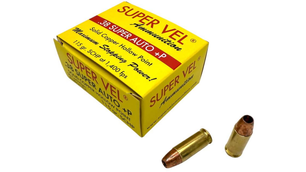 Super Vel Ammunition 38 Super Auto +P 115 Grain Solid Copper Hollow Point Brass Pistol Ammunition, 20 Round, 38SPR11520