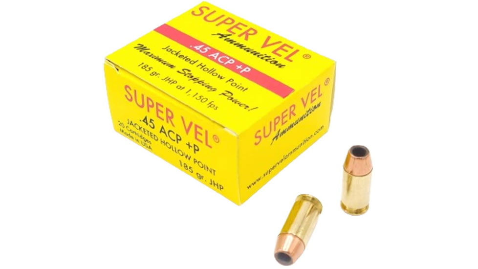 Super Vel Ammunition 45 ACP 185 grain Jacketed Hollow Point Brass Cased Pistol Ammo, 20 Rounds, 4518520