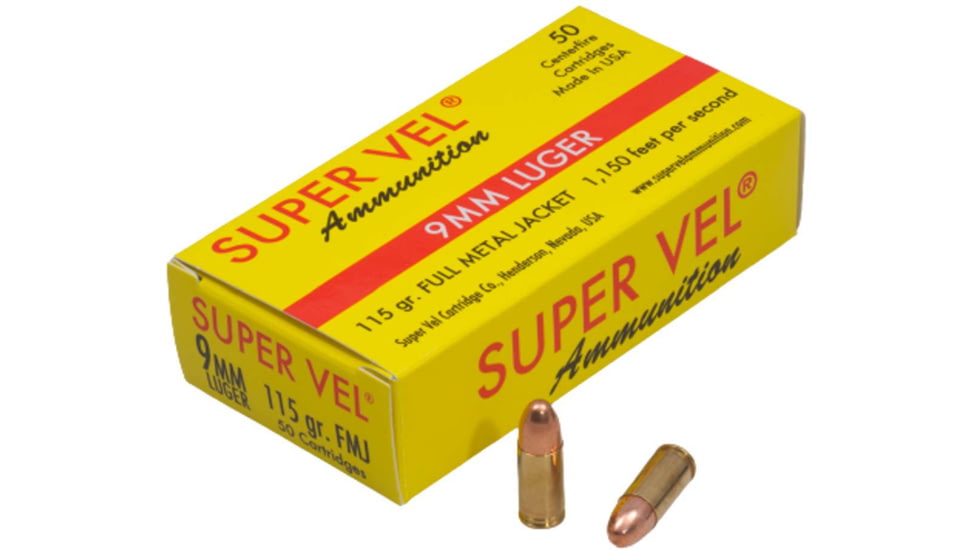 Super Vel Ammunition 9mm Luger 115 Grain Full Metal Jacket Brass Pistol Ammunition, 50 Round, 911550N