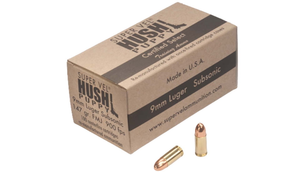 Super Vel Ammunition Hush Puppy 9mm Luger 147 grain Full Metal Jacket Brass Cased Pistol Ammo, 100 Rounds, 9147100H