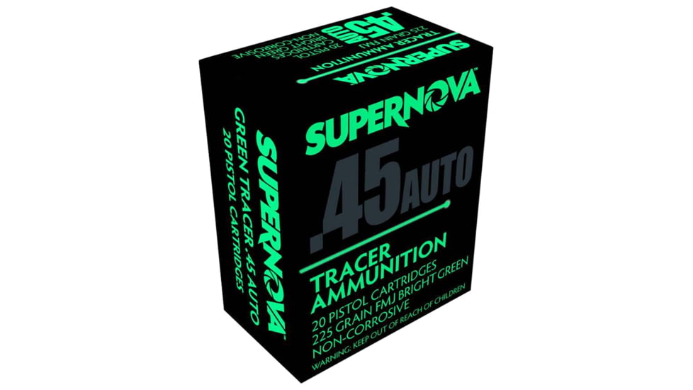 Supernova Green Tracer Non Corrosive 45 ACP 225 Grain Full Metal Jacket Centerfire Pistol Ammo, 20 Rounds, PMSN45ACG